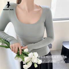 Soft and waxy double-sided velvet Meyabi thermal underwear women's breast pads seamless round neck bottoming shirt