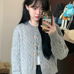 学院风百搭短款针织衫女2025春秋新款小个子绞花上衣灰色毛衣外套
