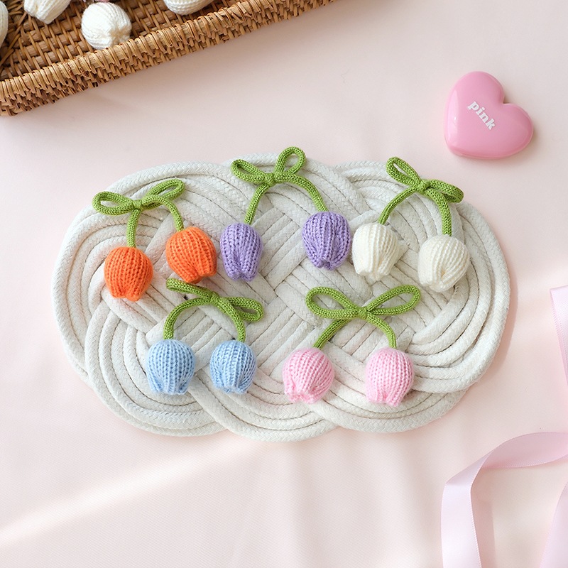 新款针织毛线郁金香花朵diy发夹配件包包服饰毛线绑绳樱桃配件