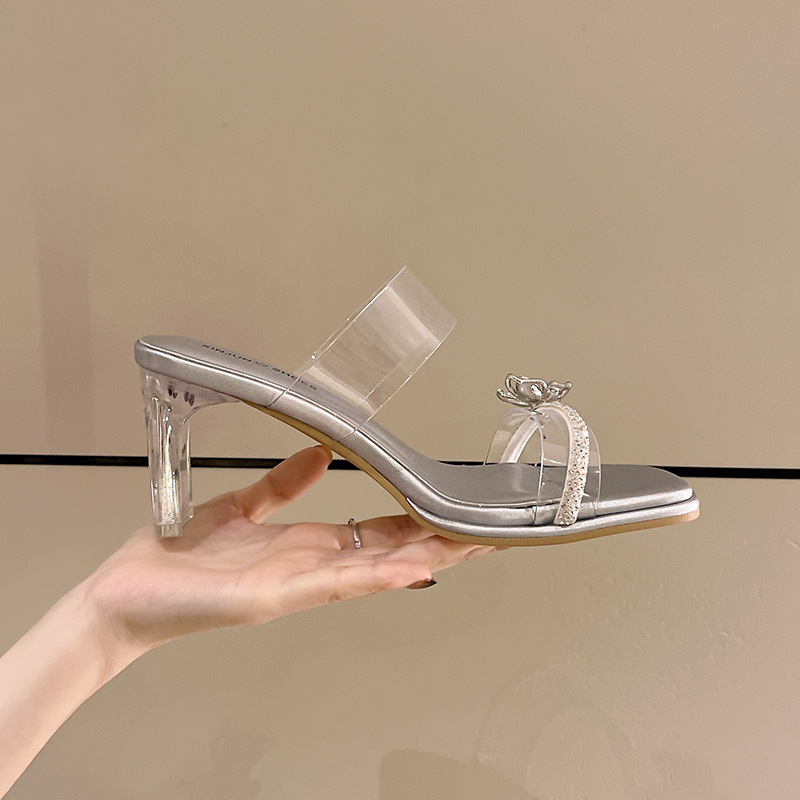2025 Fairy Transparent Rhinestone Summer New High Heels Skirt High-Looking French Slippers Sandals Slippers Crystal