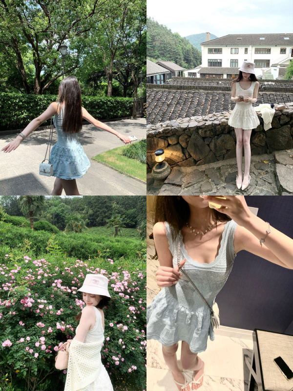 ホワイト中空ニットベストドレス女性の夏のジャカードウエストノースリーブ小さな白いドレス|undefined