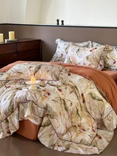 恒洽家纺秋冬季全棉磨毛床单四件套100S油画印花加厚被套床上用品