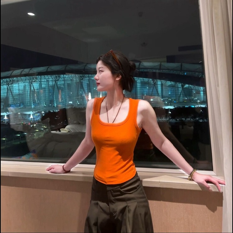 Orange U-collar I-shaped Vest Women's Summer Slim-fit Slimming Dopamine Hot Girls Beautiful Back Short Sling Small Top