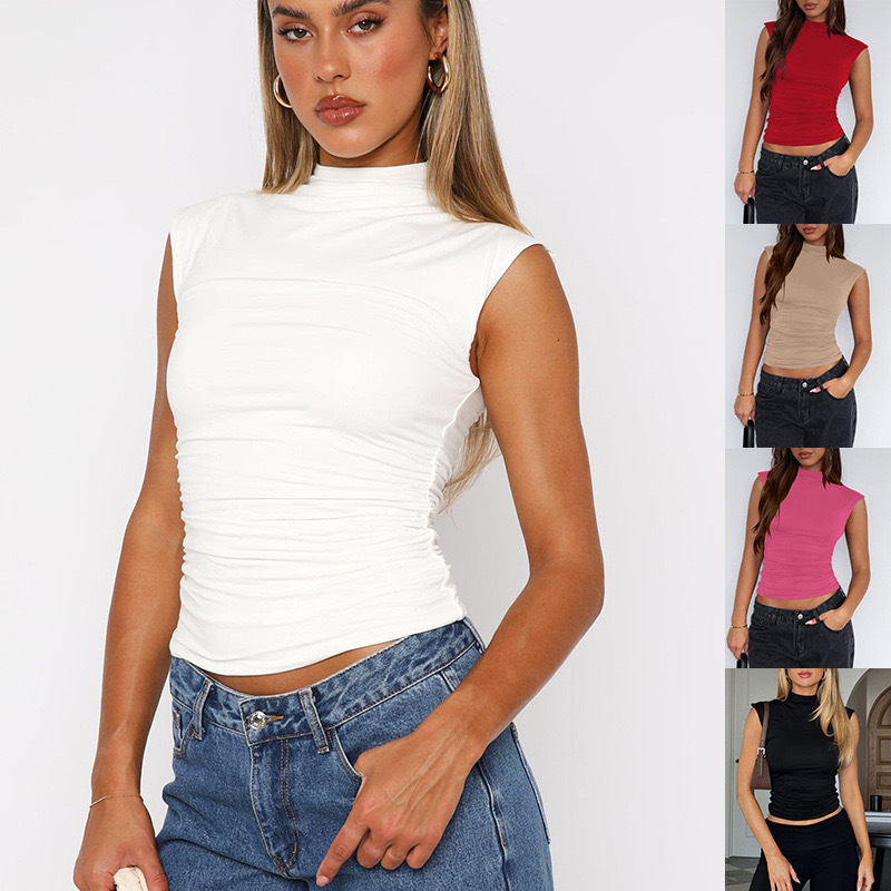 Foreign Trade European and American Cross-Border Women's Clothing 2026 Summer Half-High Collar Solid Color Pleated Slim-Fit Sleeveless Simple Comfortable Top for Women
