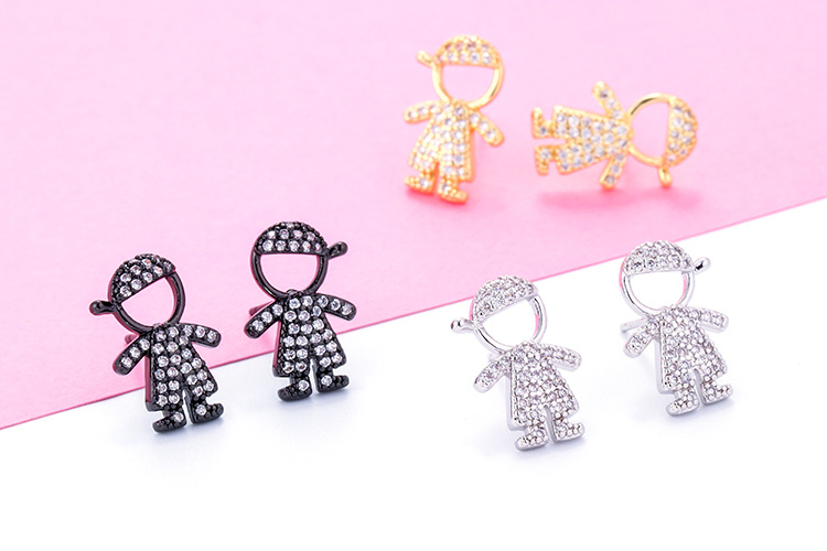 Fashion Cartoon Inlaid Zircon Characters Boy Girl Copper Earrings Wholesale Nihaojewelry display picture 2