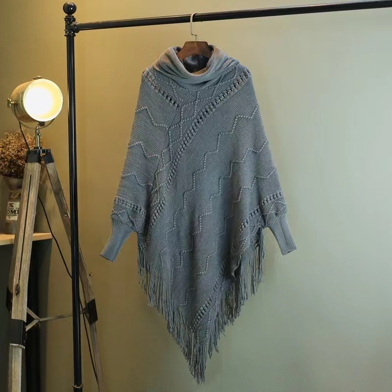 2025 Cross-border New High Collar Knitted Sleeve Cloak European and American Imitation Cashmere Shawl with Tassel Knitted Shawl in stock