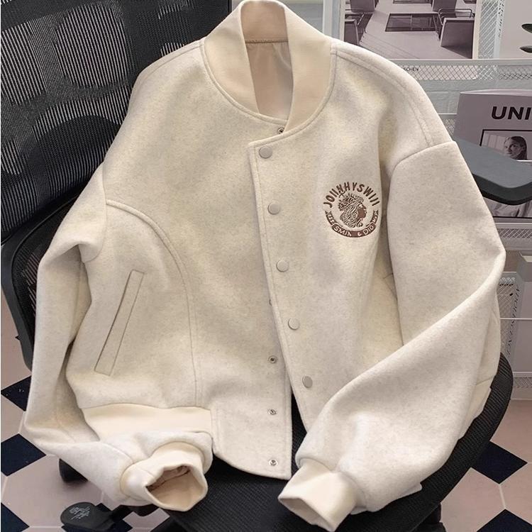 少女感满满！风棒球服毛呢外套女春秋宽松飞行员夹克开衫上衣|undefined