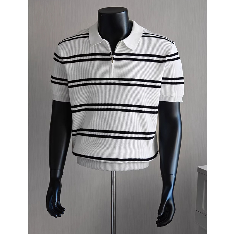 Camisas de polo de manga corta de vello de estilo de verano, camisetas de hielo con media cremallera a rayas, fábrica transfronteriza al por mayor