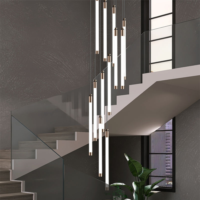 Trendy Minimalist Vertical Tube Staircase Light, Modern Simple Gold Long Strip Pendant Light, Duplex Loft Apartment Led Long Pendant Light