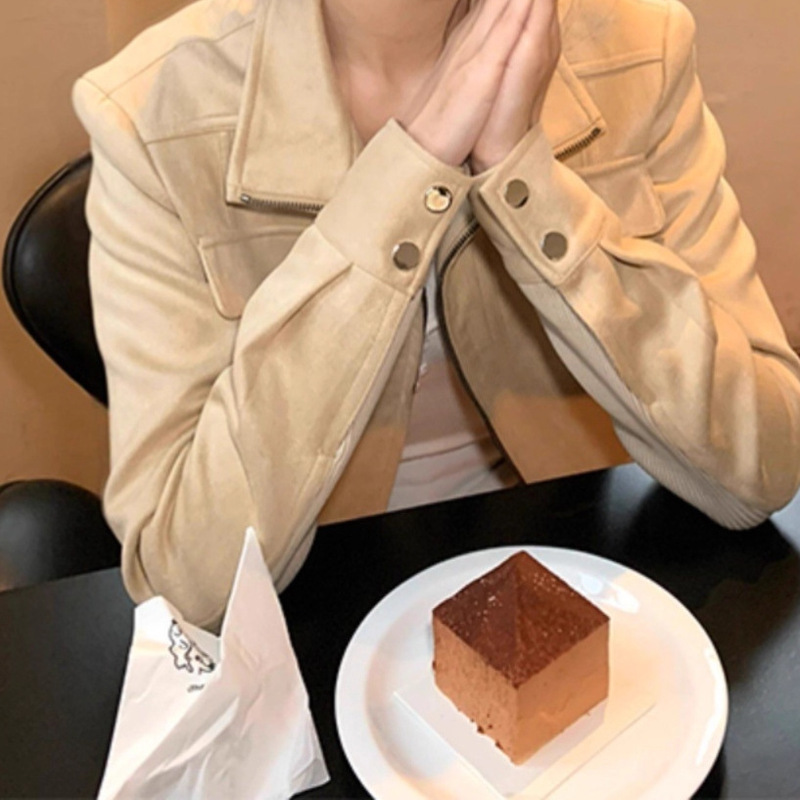 秋冬机车服感休闲修身短款上衣韩系复古麂皮绒皮毛一体外套女|undefined