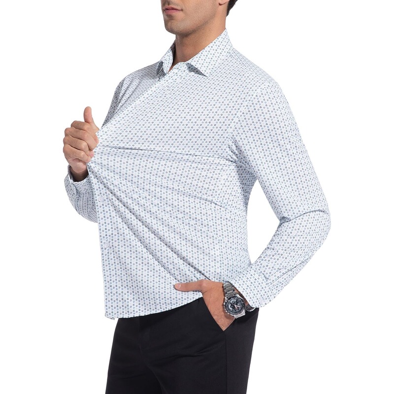 Men's Stretchy Printed Long-Sleeved Shirt, No-Iron Business Casual Shirt, Slim Fit Breathable Floral Lapel Shirt