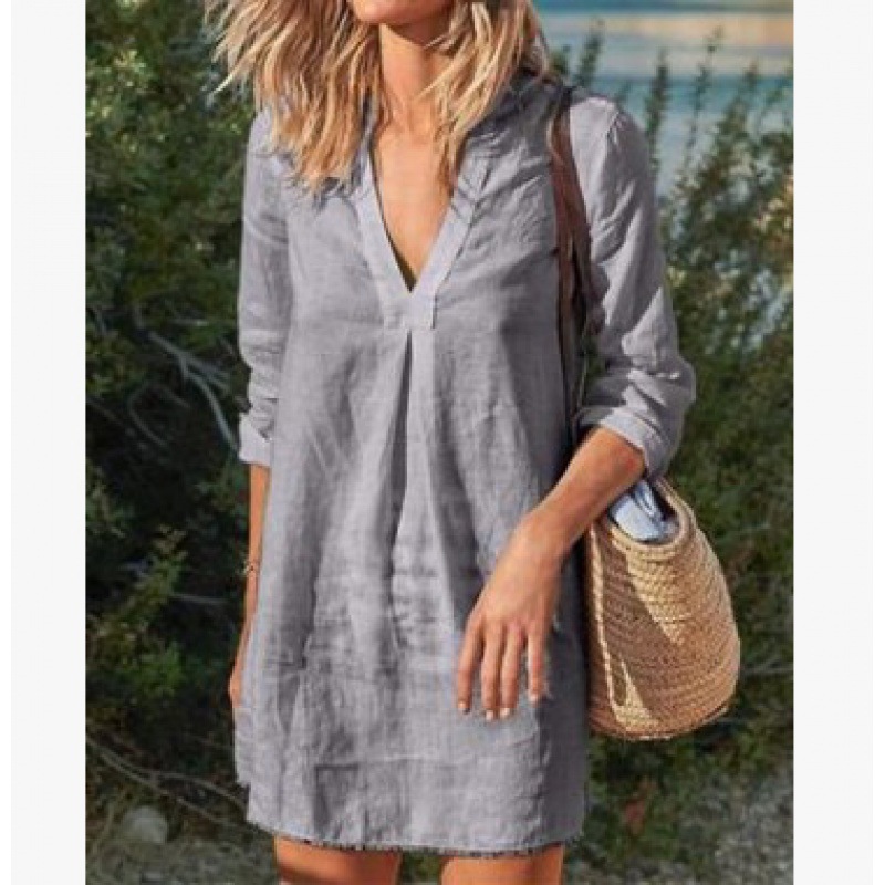 Vestido midi femenino de manga larga, cuello en V