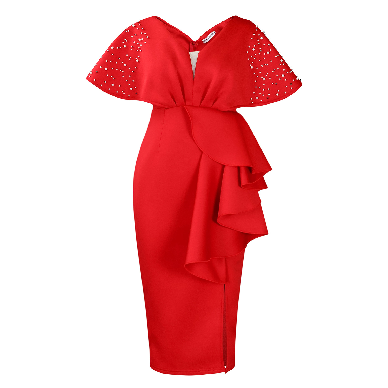 Robe de soirée sexy à col en V et à volants avec fente perlée, robe de banquet de tempérament de célébrité_voghion.com