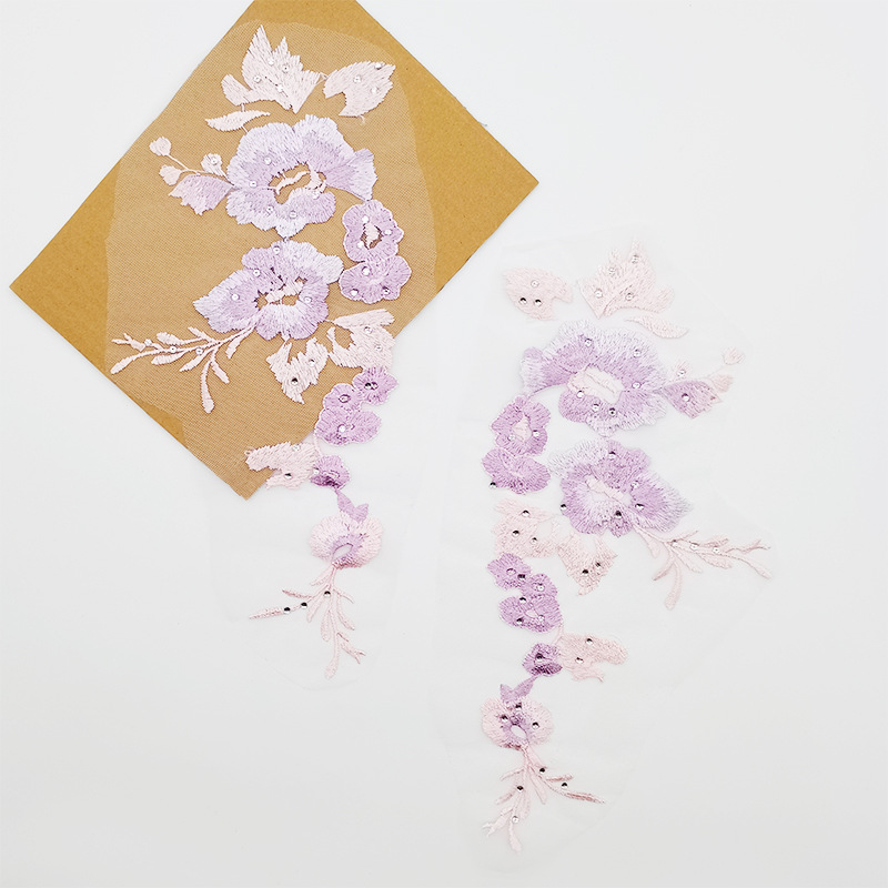 网纱烫钻彩色刺绣布贴对称花型演出礼服童装装饰刺绣辅料批量