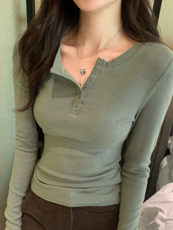 白花灰正肩排扣打底衫女秋季半开领修身甜辣内搭上衣简约长袖T恤|undefined