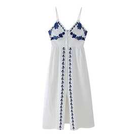 外贸批发欧美风24夏季新款时尚气质蓝色绣花V领花定位吊带连衣裙