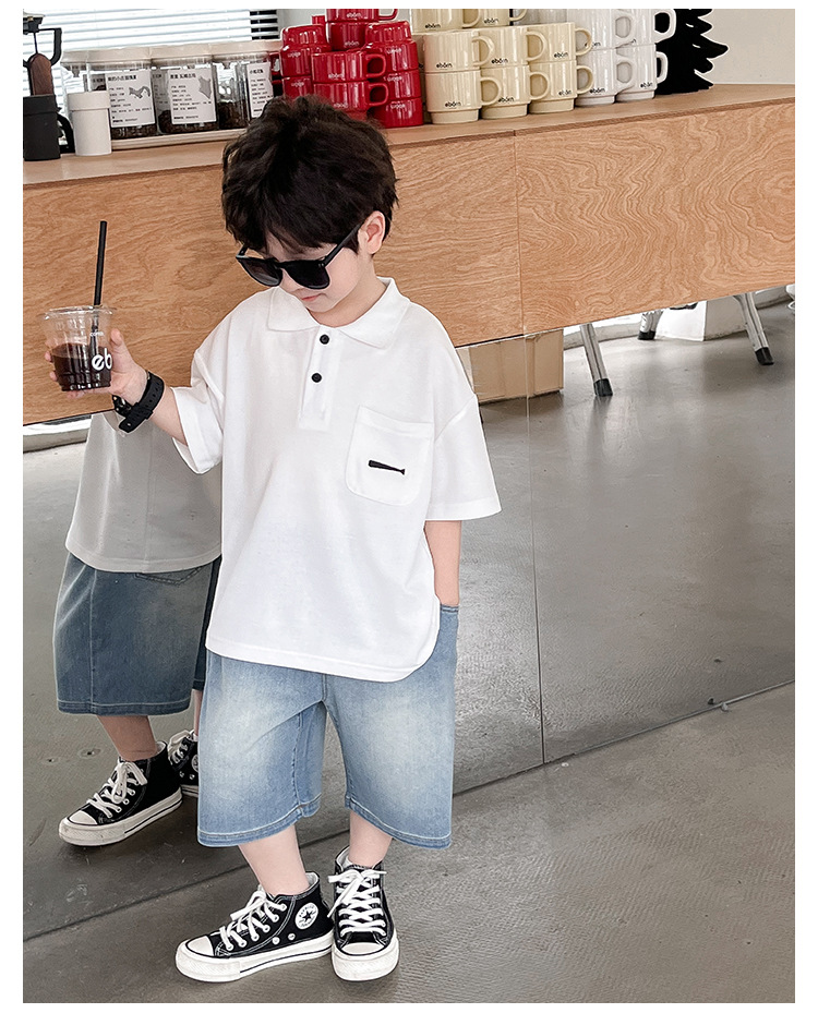 New 2024 Summer boys' polo shirt embroidered fish waistcoat short sleeve casual style summer refreshing handsome top