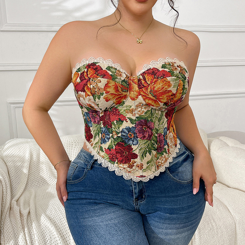 Sutiã plus size retrô francês espinha de peixe, top tomara que caia floral com estampa cruzada, estilo regata, para mulheres._voghion.com