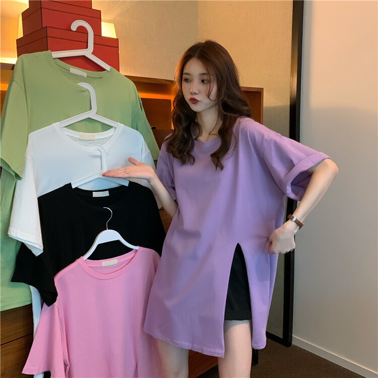 Pregnant women's T-shirt summer Korean style design split pregnant women's top loose mid-length solid color short sleeve T-shirt fashion