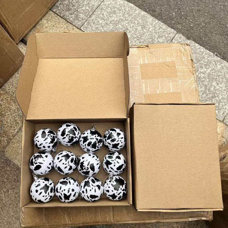 跨境圣诞球奶牛印花图案圣诞节动物主题圣诞西部乡村风圣诞装饰品|undefined