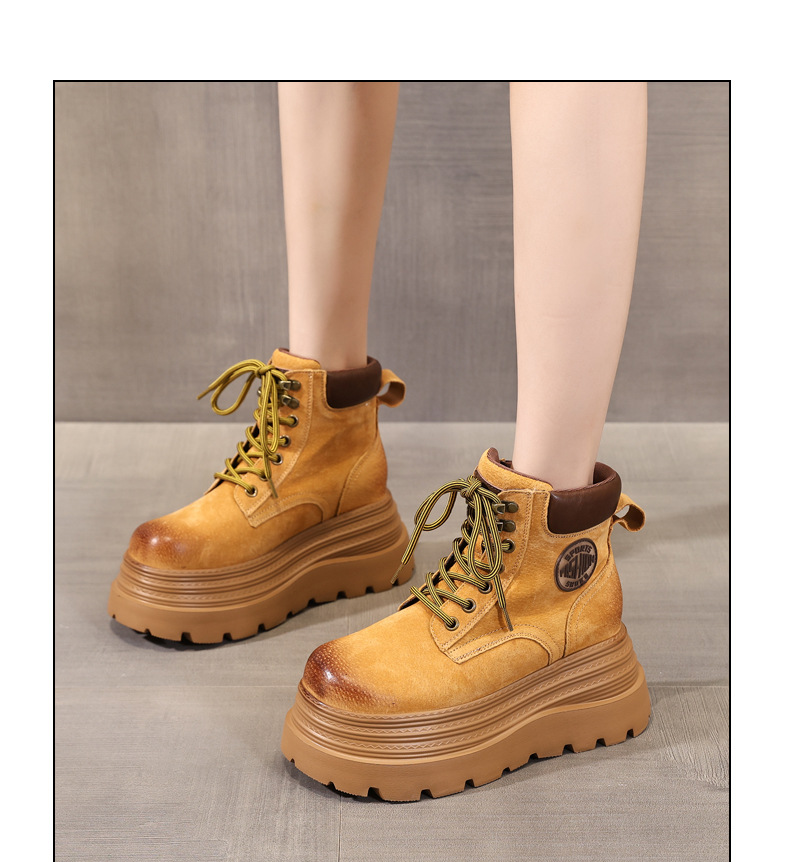 Giày boot nữ đế dày tăng chiều cao kiểu mới mùa thu, phong cách xe máy cổ ngắn — màu vàng sa mạc chi tiết 8