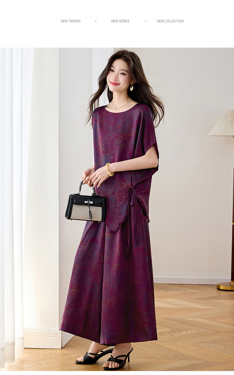 Bộ áo crop top phối quần ống rộng in họa tiết hoa không đối xứng mùa hè 2026 — màu tím, màu vàng chi tiết 22