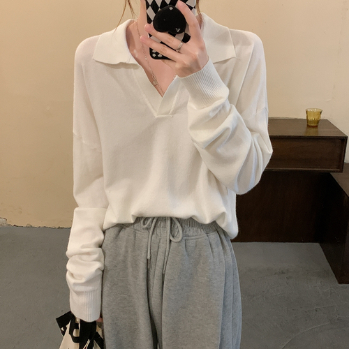 Early autumn thin version polo collar inner long-sleeved base knit top loose lazy style outerwear sweater for women autumn and winter