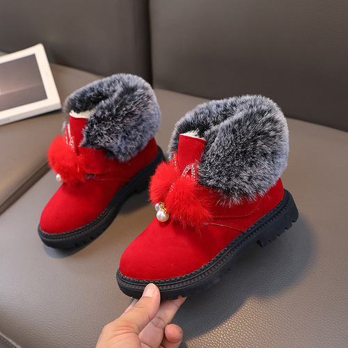 Baby girl's winter velvet snow boots, girls' short boots, warm furry cute children's winter children's winter cotton shoes