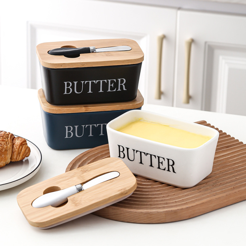 長方形の陶磁器のバターの箱の密封の缶の牛油の箱の竹の蓋はナイフの洋式の家庭用チーズの箱のクロスボーダーのアマゾンを持ちます。|undefined