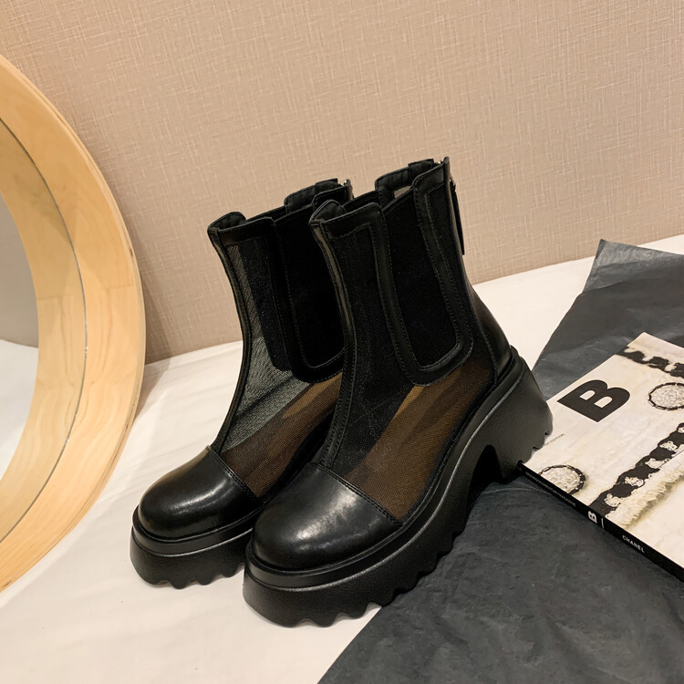 Boot ngắn nữ da bò mũi tròn đế dày thoáng khí khóa kéo sau — Màu đen, Màu mơ chi tiết 124
