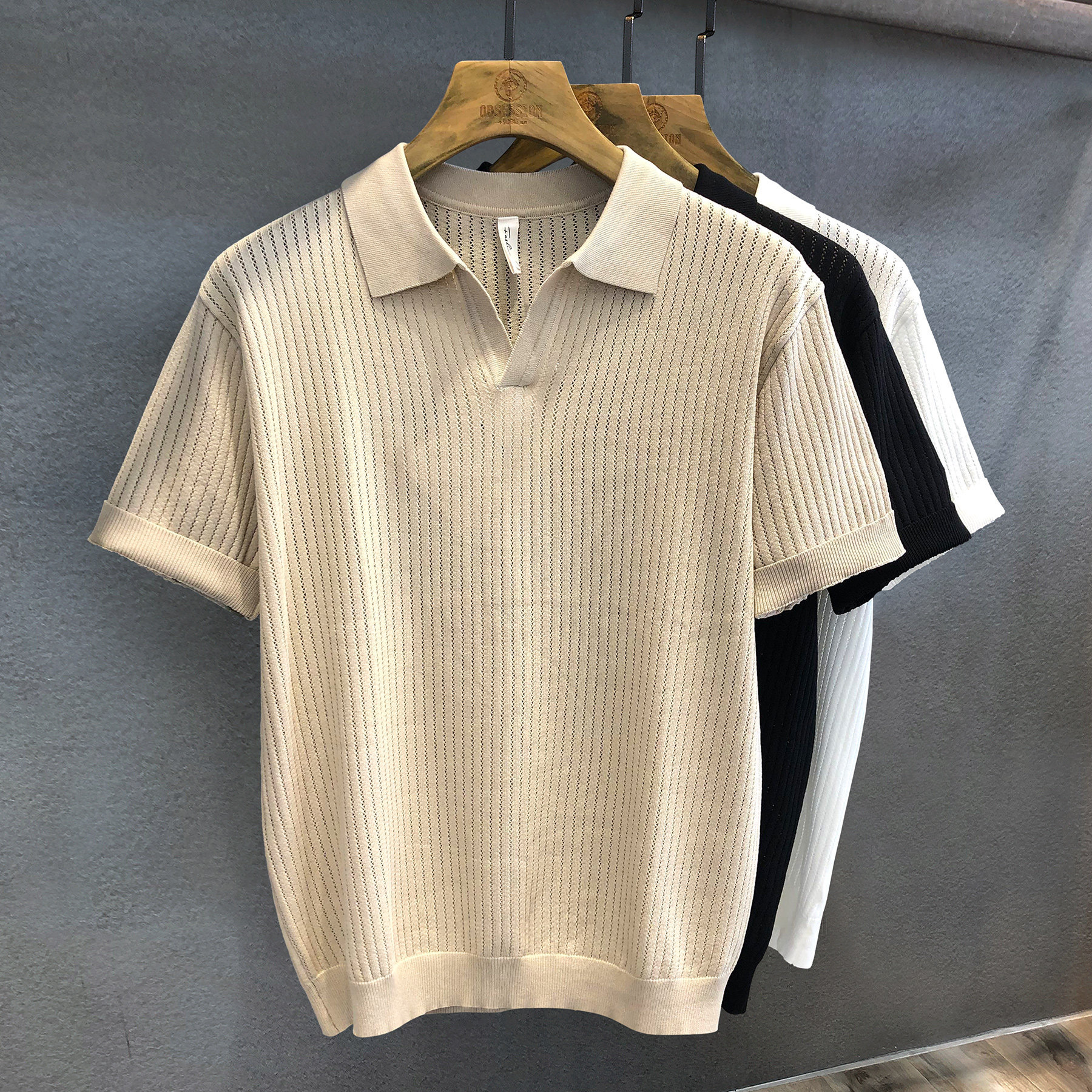 Camiseta polo de manga corta camiseta de punto hombre cuello V gaviota cuello agujero camiseta fábrica transfronteriza verano al por mayor viejo dinero polo