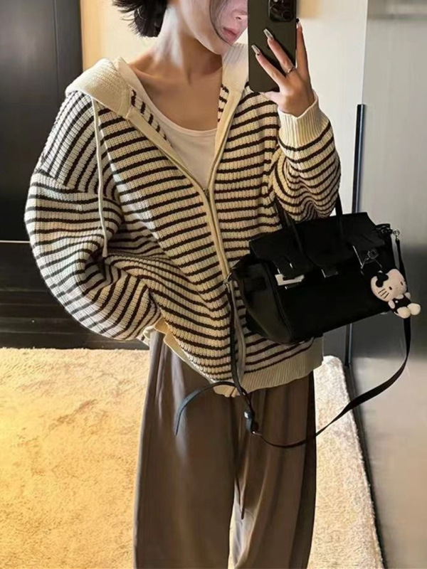 跨境抽绳连帽条纹毛衣女秋冬韩版宽松慵懒风休闲针织开衫上衣外套|undefined
