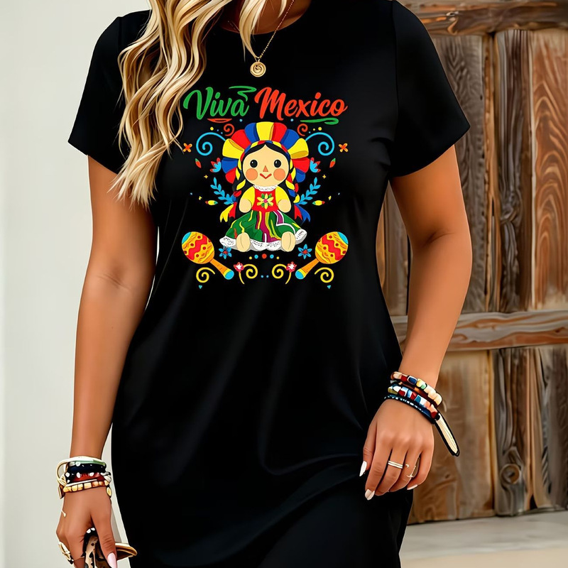 Cross-Border European, American, and Mexican Doll-Themed Maracas Colorful Letter Print Round Neck Short-Sleeve Loose T-Shirt Dress Cross-Border European, American, and Mexican Doll-Themed Maracas Colorful Letter Print Round Neck Short-Sleeve Loose T-Shirt Dress