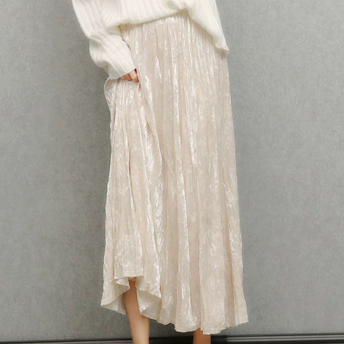 Velvet Skirt | Spring, Autumn and Winter Beige Gentle Pleated Skirt High Waist A-Line Pleated Skirt Long Skirt for Women