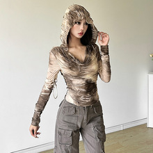 INS跨境2024欧美风秋季新款女装纯色修身街头时尚连帽长袖上衣女