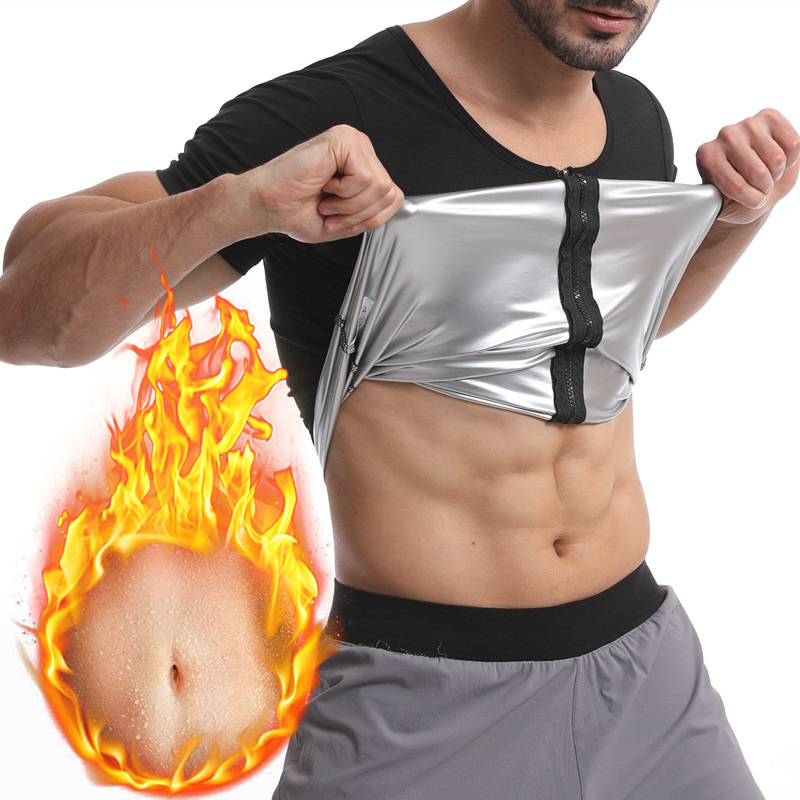 Amazon Men's Sports Sweat-popping Suit European and American Large Size Belly-waist Body-shaping Suit Round Neck Zipper Short Sleeve