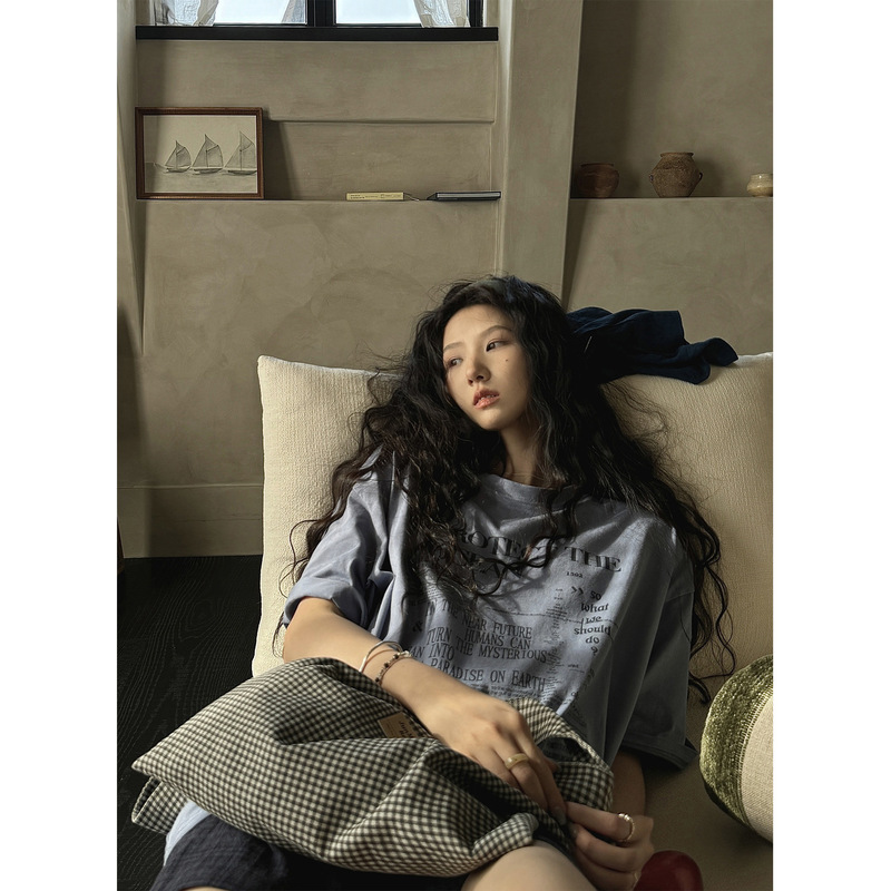Jmwomen Capri Blue Simple Letter Print Short Sleeve T-Shirt 2026 Summer Pure Cotton Loose Casual Style # 4668J
