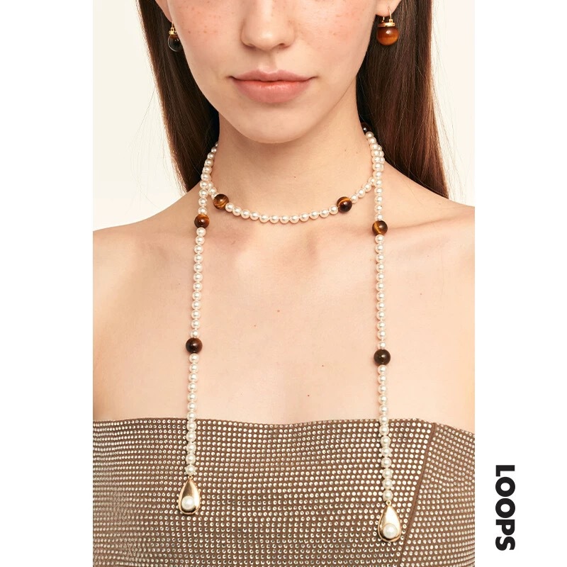 Designer's Multi-Wearing Tiger Eye Pearl Stitching Long Necklace Overlapping Double-Layer High-Level Sense Woolen Chain for Women