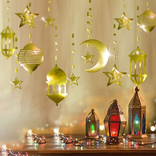 Lantern, star, moon, hanging decoration, plain laser silver paper string, floral garland, shop window, hotel lobby decoration