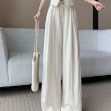 天丝亚麻新款感时尚轻熟高腰阔腿裤女纯色呢子打揽