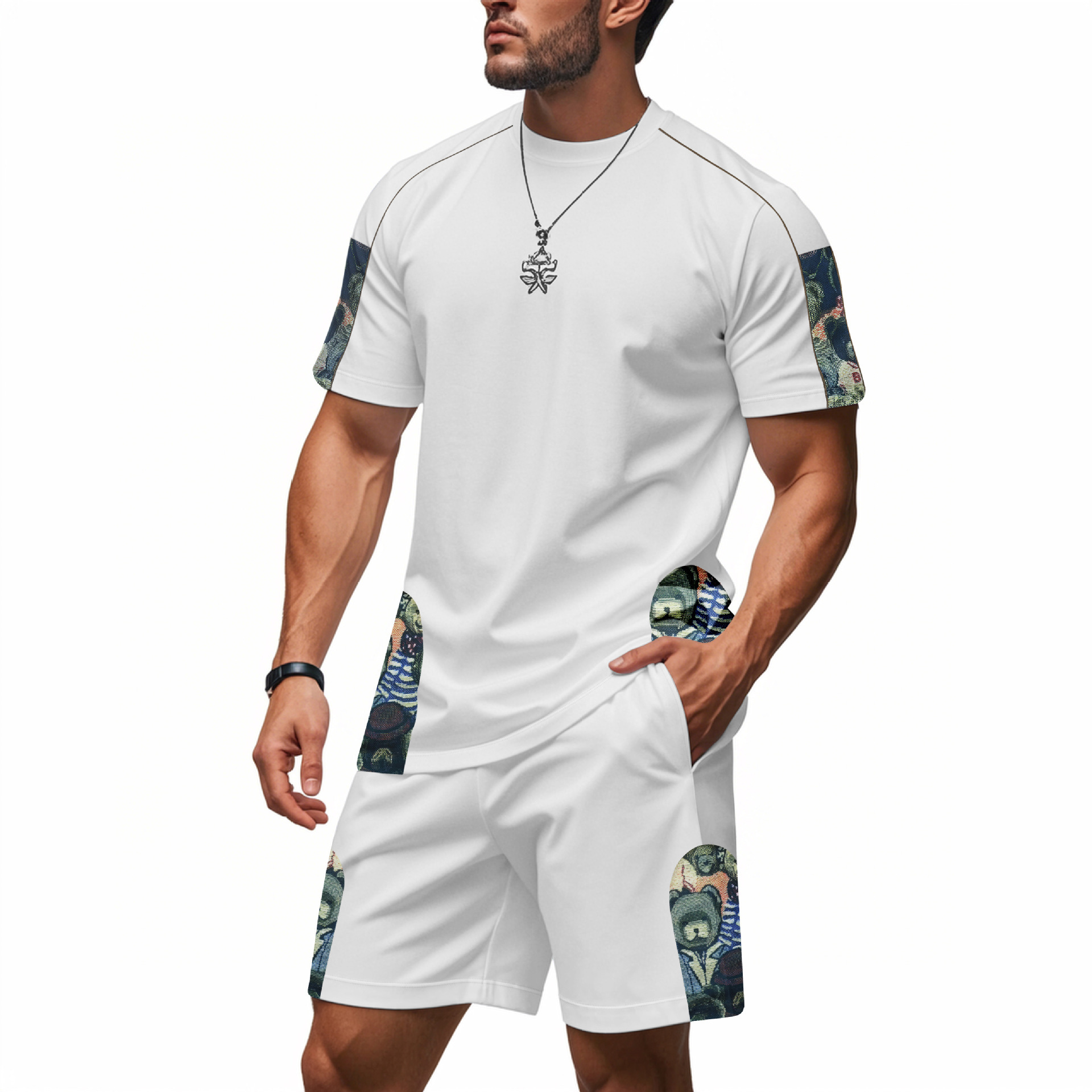 Men's Clothing Men's Trendy Sports Casual Hip Hop Round Neck Short Sleeve Bear Print Loose Fit Breathable Suit High Street Style_viptrois.com