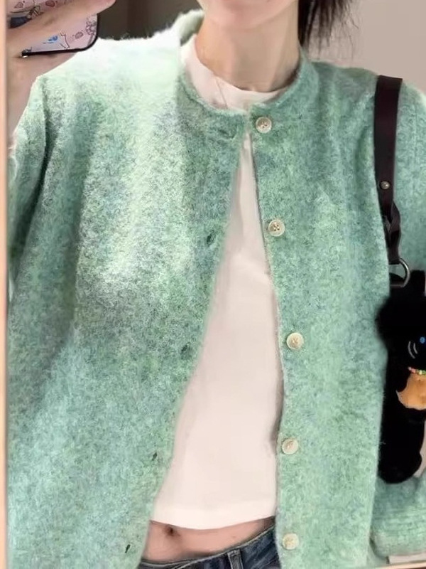 法式气质薄荷绿卷边针织开衫毛衣外套女春秋软糯绿色上衣早秋外搭|undefined