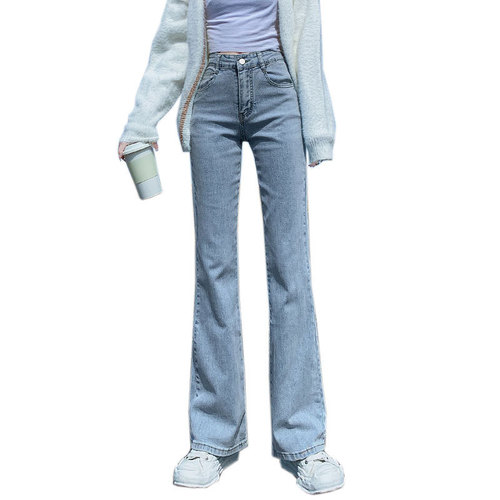 Light-colored mini trumpet jeans for women, slim fit, trendy, high-waisted, flattering for petite figures, tight elastic, floor-length hoof pants