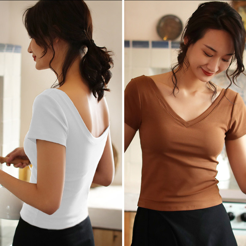 New Pure Cotton Short-sleeved T-shirt with Chest Pad Women's V-neck Beautiful Back Waist Top Slim-fit Inner Backless Underwear Base Shirt