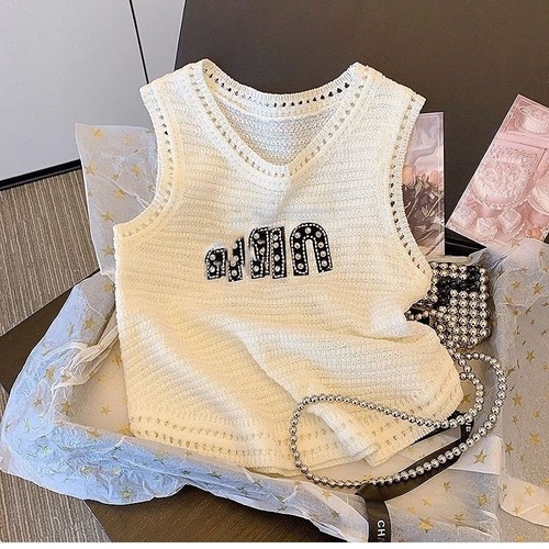 Women's Summer White Letter Knit V-Neck Tank Top with Shoulder Straps - Trendy, Luxury, Slimming, Sleeveless Top