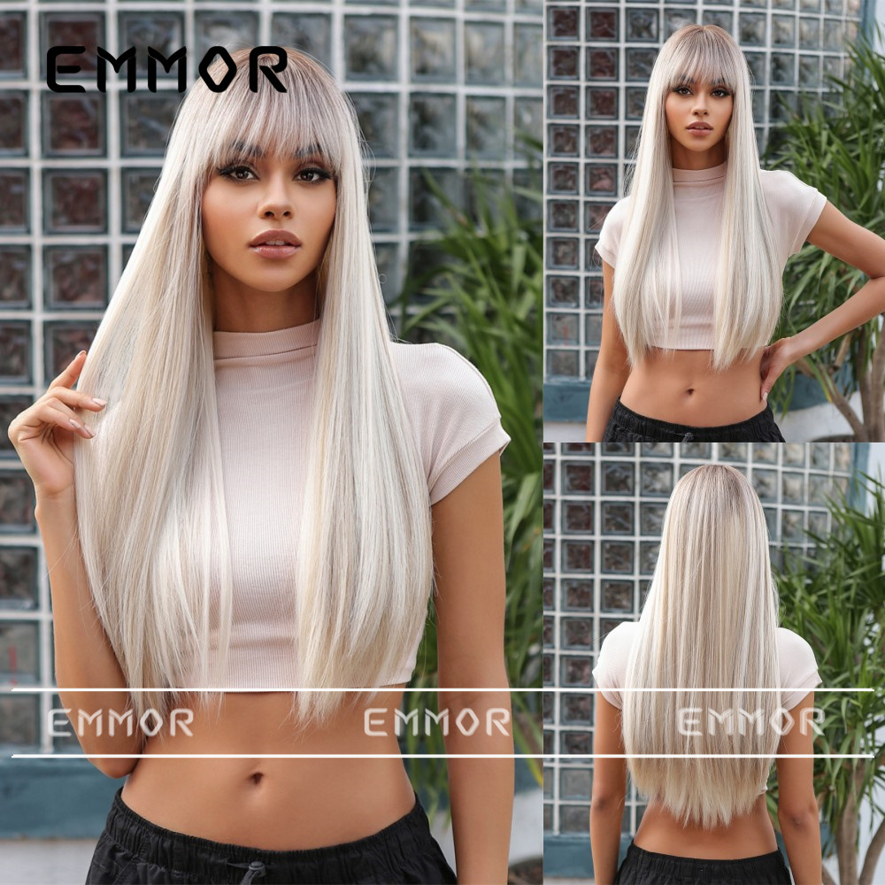 Nuevo producto de estilo europeo y americano, flequillo completo, cabello largo y liso color champán, peluca elegante de diosa, fibra sintética para toda la cabeza.