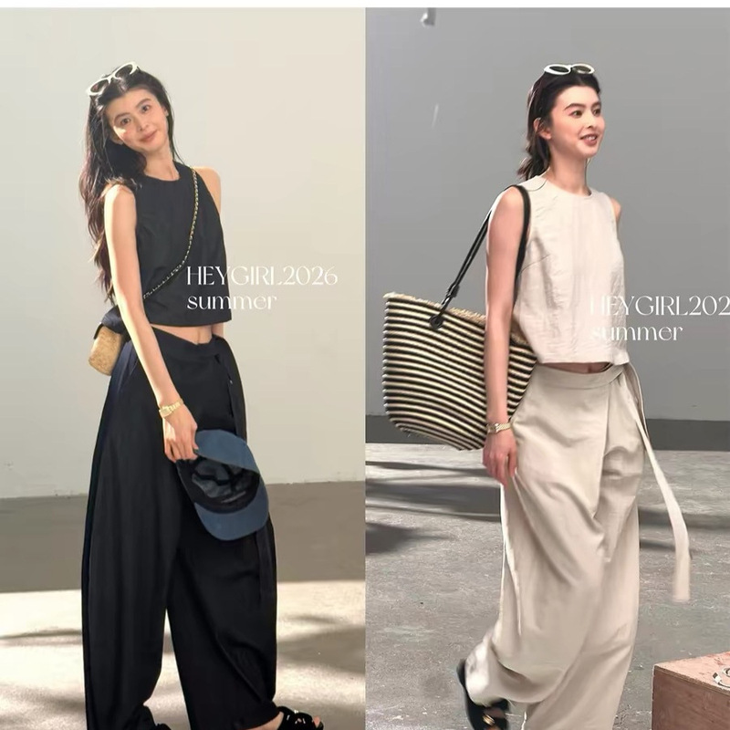 Heygirl Black Brother Oxygen Minimalist High-Quality Cotton-Linen Button-Back Vest + Scissor-Tie Wide-Leg Pants Set