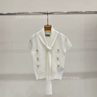 巴尔曼提花飘带短袖针织衫女夏季新款高级感三色金属扣子气质上衣