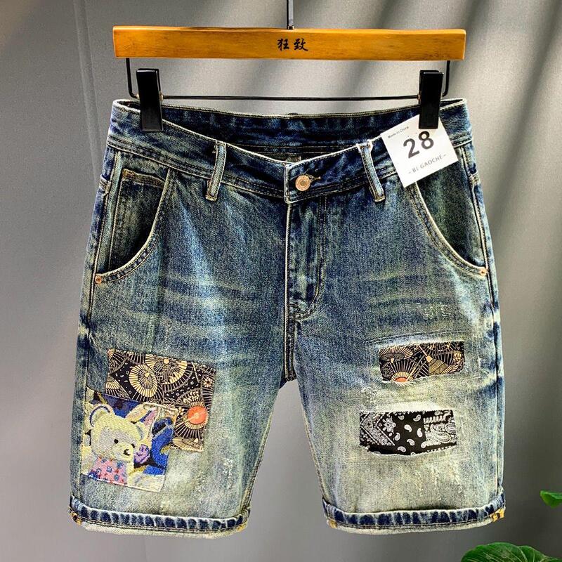 High-street trendy retro denim shorts, summer new loose-fit harem style, men's personalized and fashionable ripped and patched 5-inch shorts High-street trendy retro denim shorts, summer new loose-fit harem style, men's personalized and fashionable ripped and patched 5-inch shorts