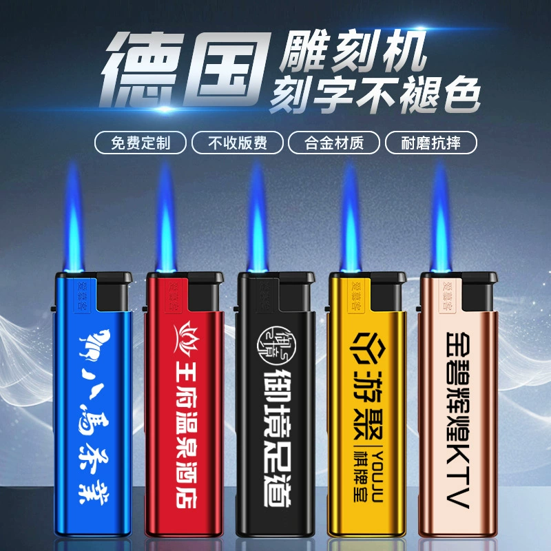 Высококачественная металлическая ветрозащитная Зажигалка утолщенная индивидуальная реклама, надувная зажигалка с прямым синим пламенем оптом